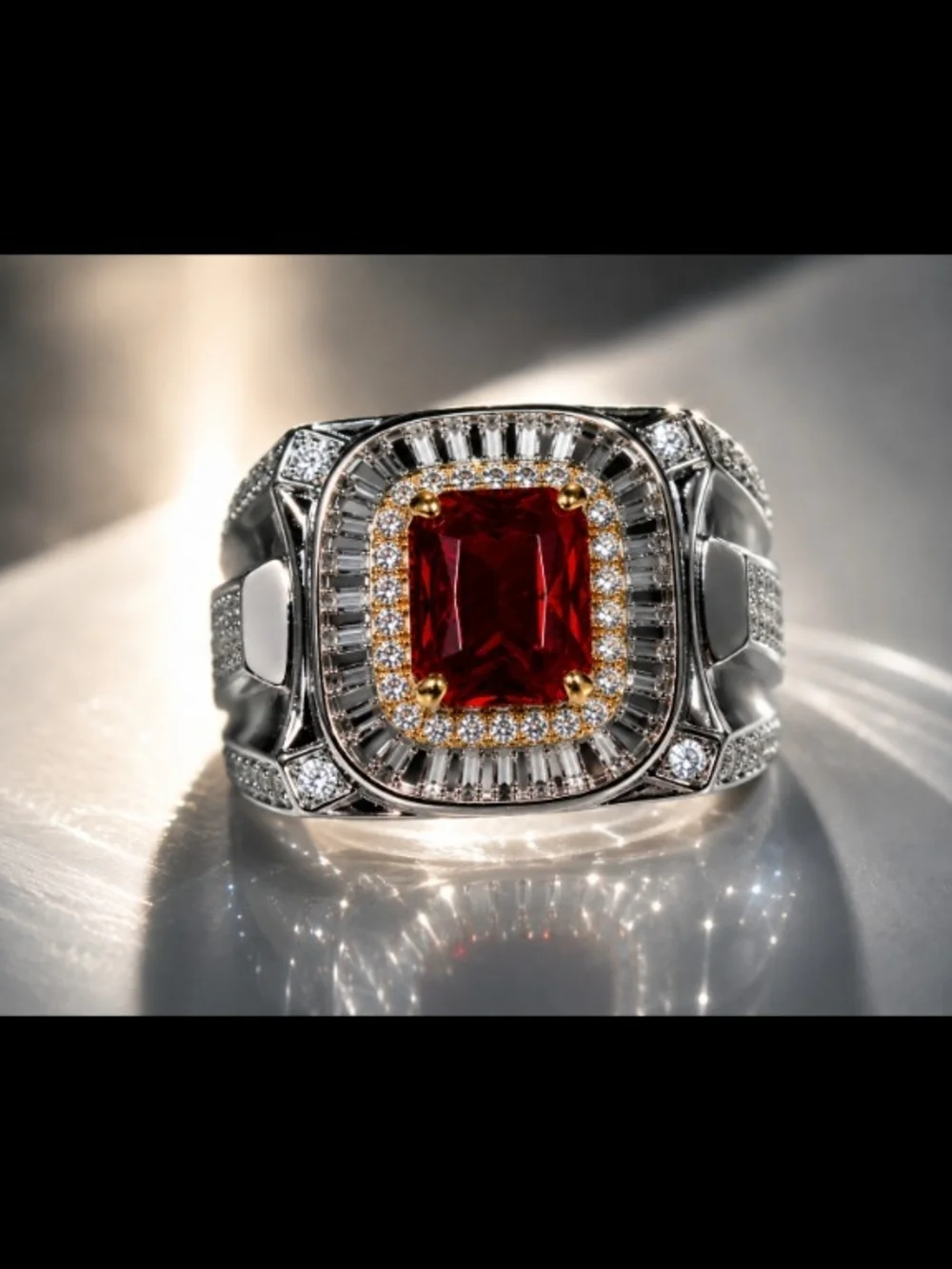 Mens Ring Size 8 Silver Tone With Red Emerald Cut & Cz Crystals